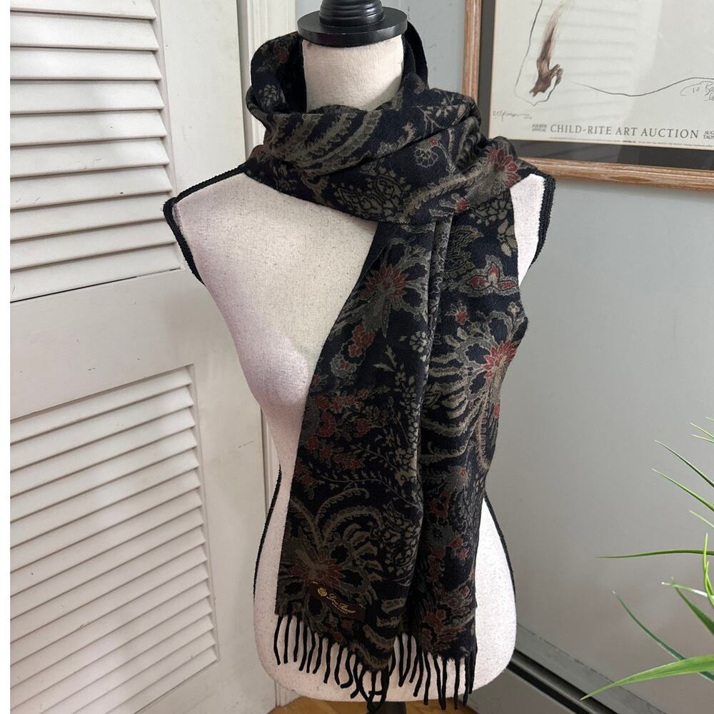 Loro Piana Scarf Womens Black 100% Cashmere Floral Fringe 13" x 56" Reversible